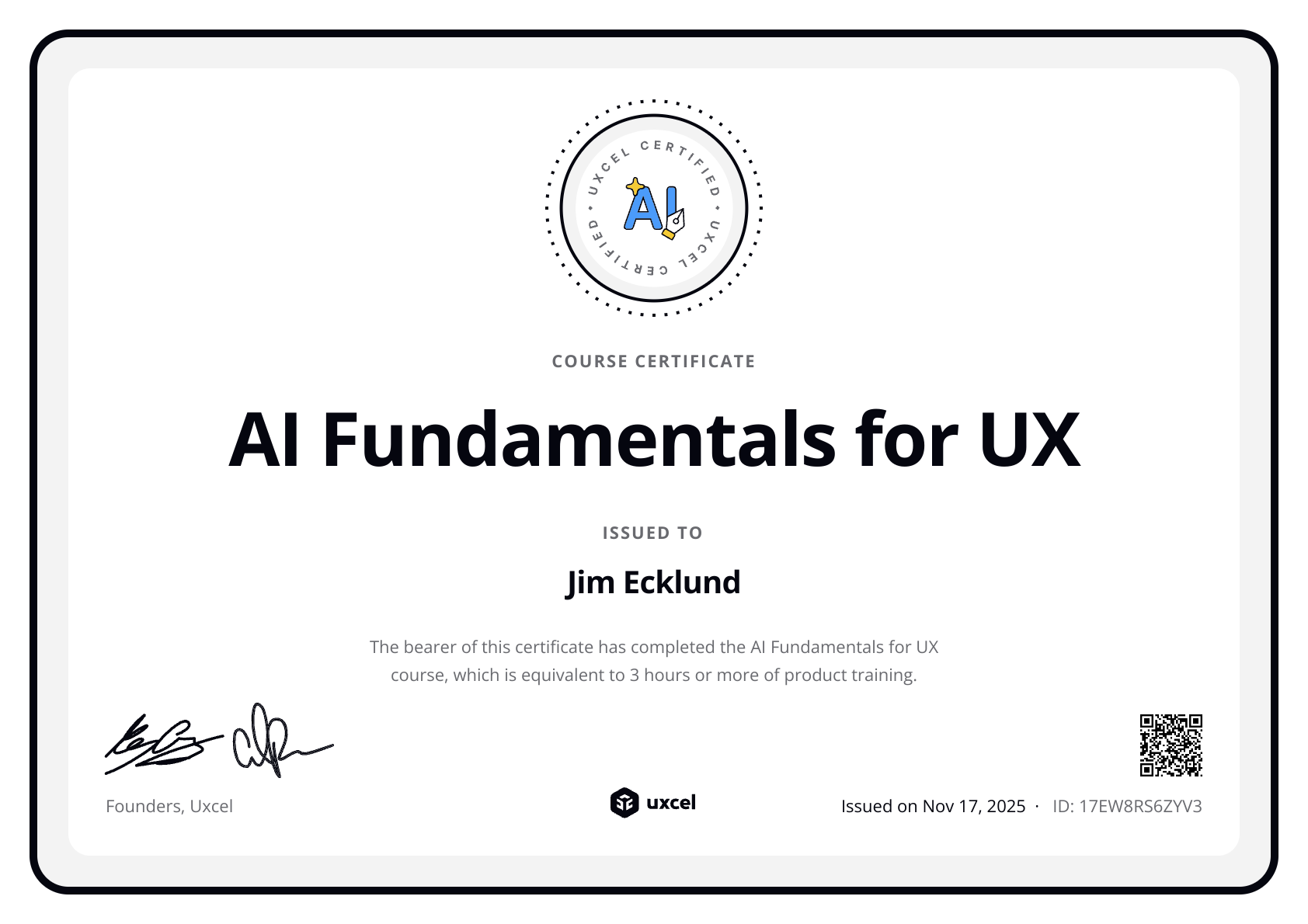 Jim Ecklund's certificate